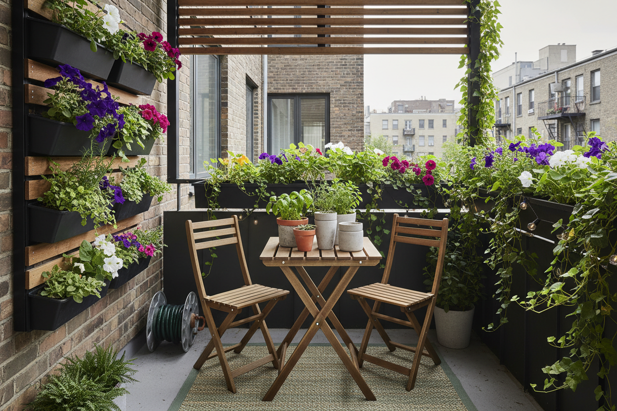 A small urban balcony transformed into a lush garden with modular vertical planters, folding bistro table and chairs, and trailing herbs in lightweight containers