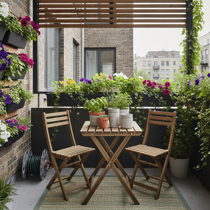 A small urban balcony transformed into a lush garden with modular vertical planters, folding bistro table and chairs, and trailing herbs in lightweight containers