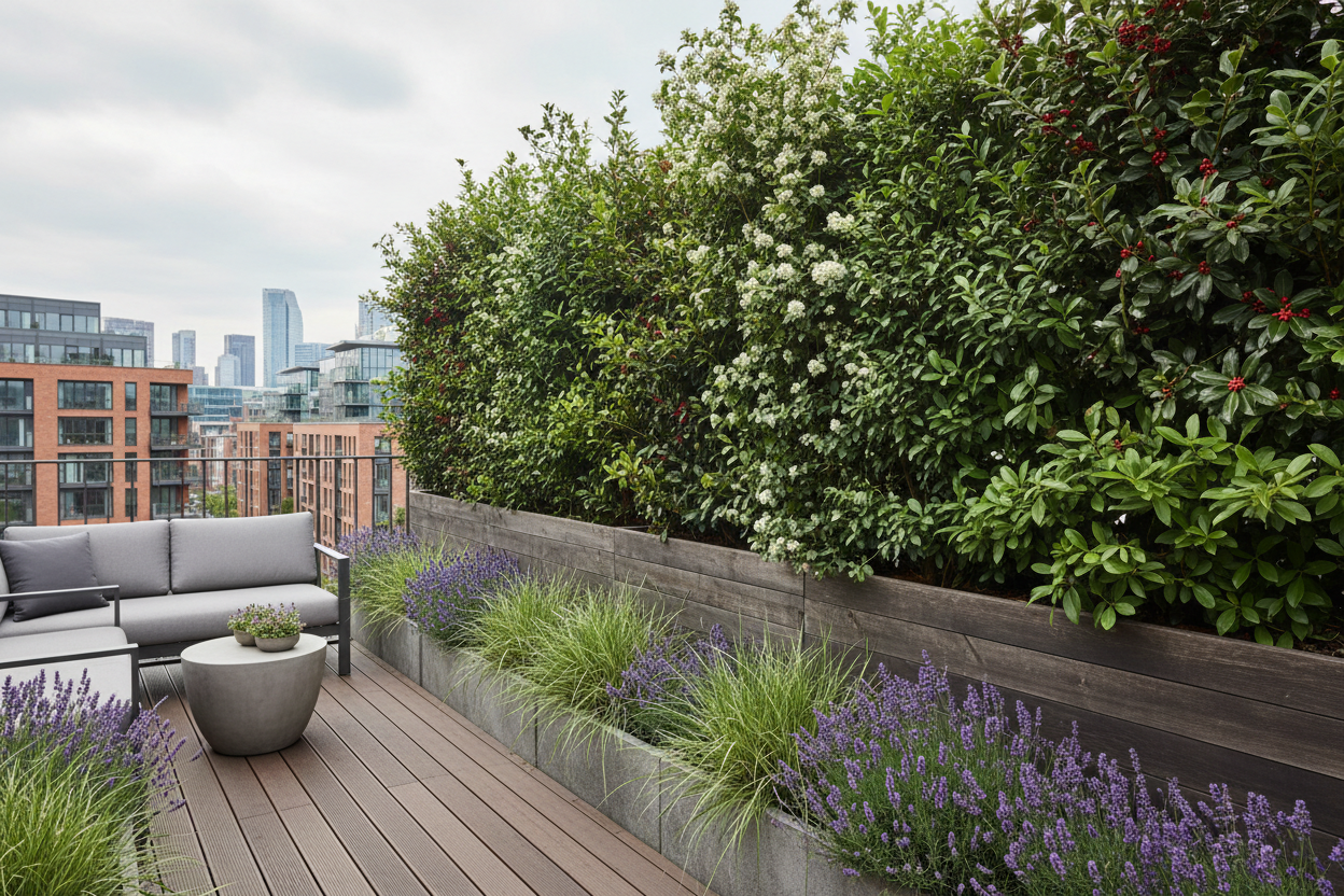 A lush vertical hedgerow privacy screen on a UK balcony with layered native plants including hawthorn, holly and privet in large containers