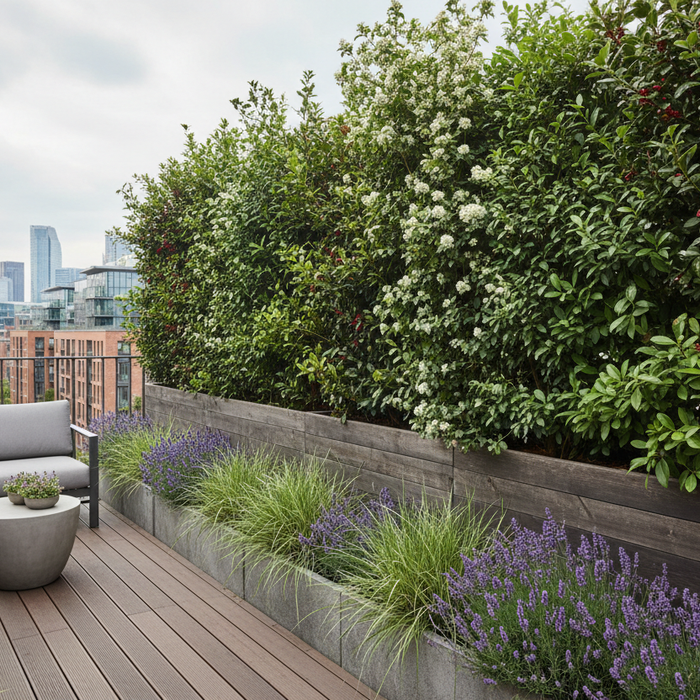 A lush vertical hedgerow privacy screen on a UK balcony with layered native plants including hawthorn, holly and privet in large containers