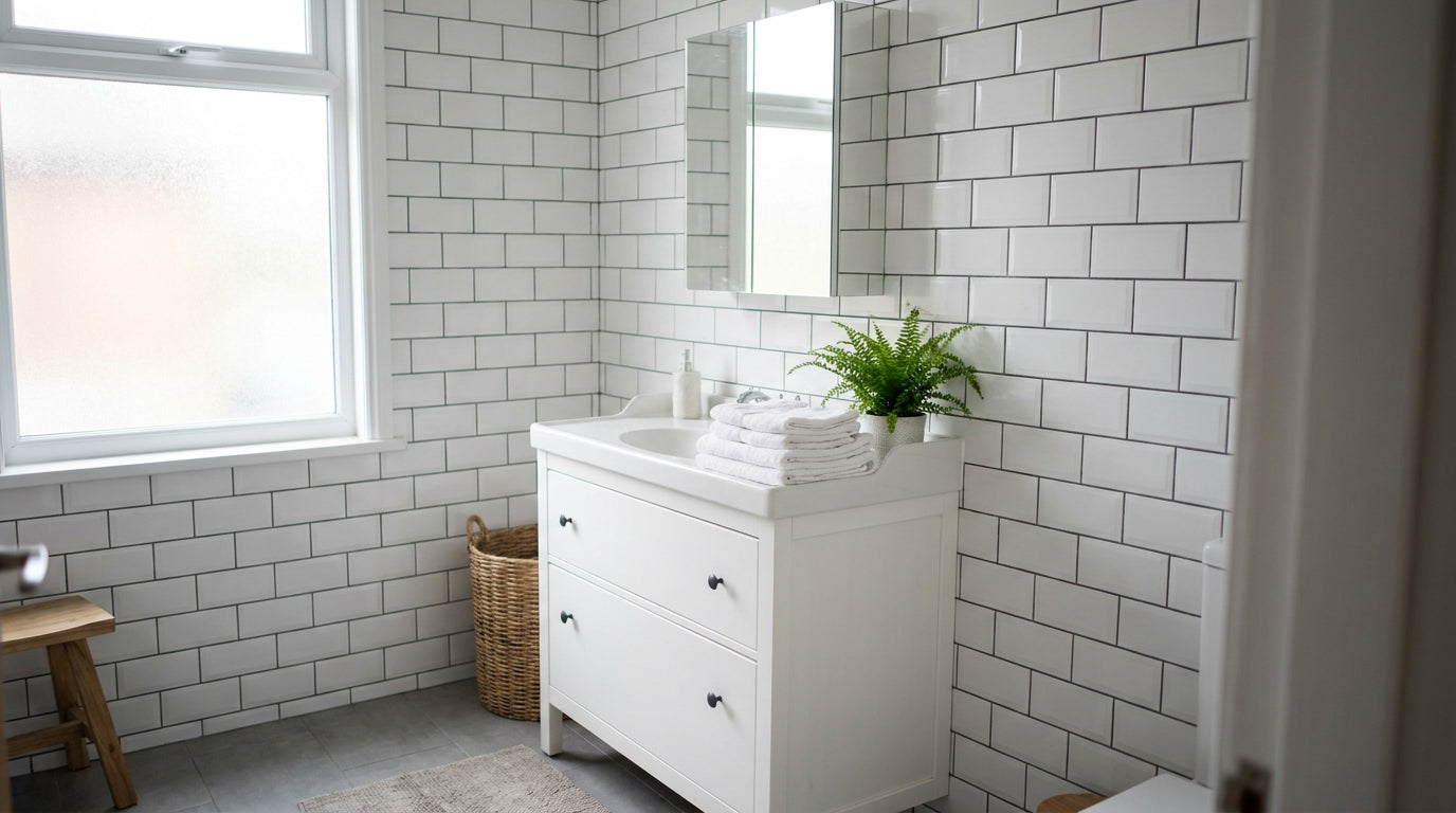 UK bathroom fitted with a white floor-standing vanity unit and a wall-mounted mirrored cabinet above it