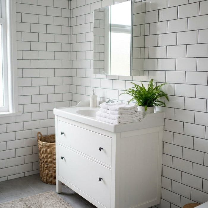 UK bathroom fitted with a white floor-standing vanity unit and a wall-mounted mirrored cabinet above it
