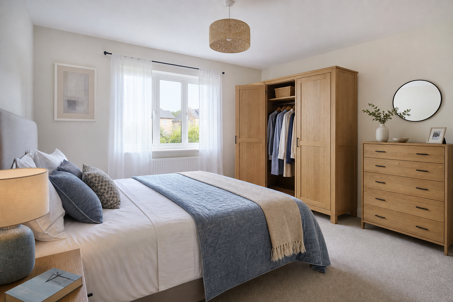 Bright, tidy UK bedroom with a double bed, wardrobe, bedside table and chest of drawers arranged for a bedroom furniture buying guide