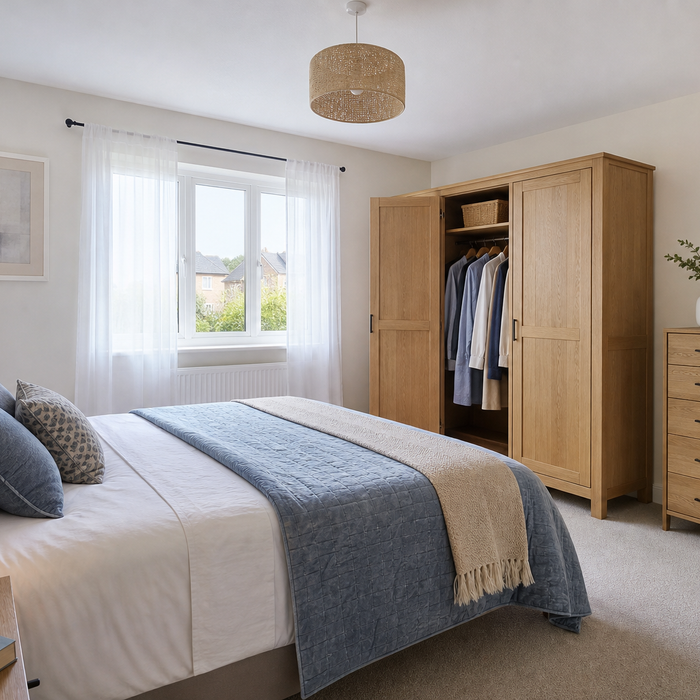 Bright, tidy UK bedroom with a double bed, wardrobe, bedside table and chest of drawers arranged for a bedroom furniture buying guide