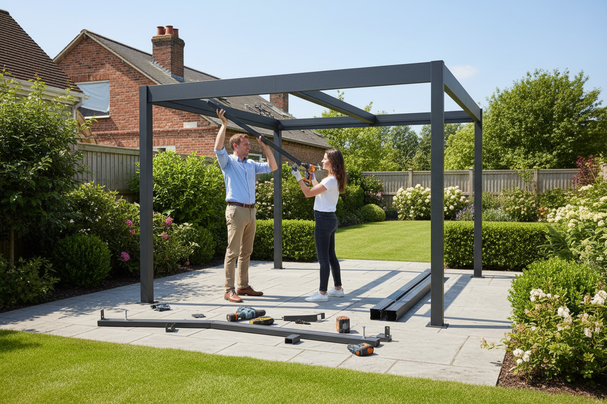 wo people assembling a dark grey aluminium pergola kit on a stone patio in a British garden — self-build pergola kits from Opal Retail UK