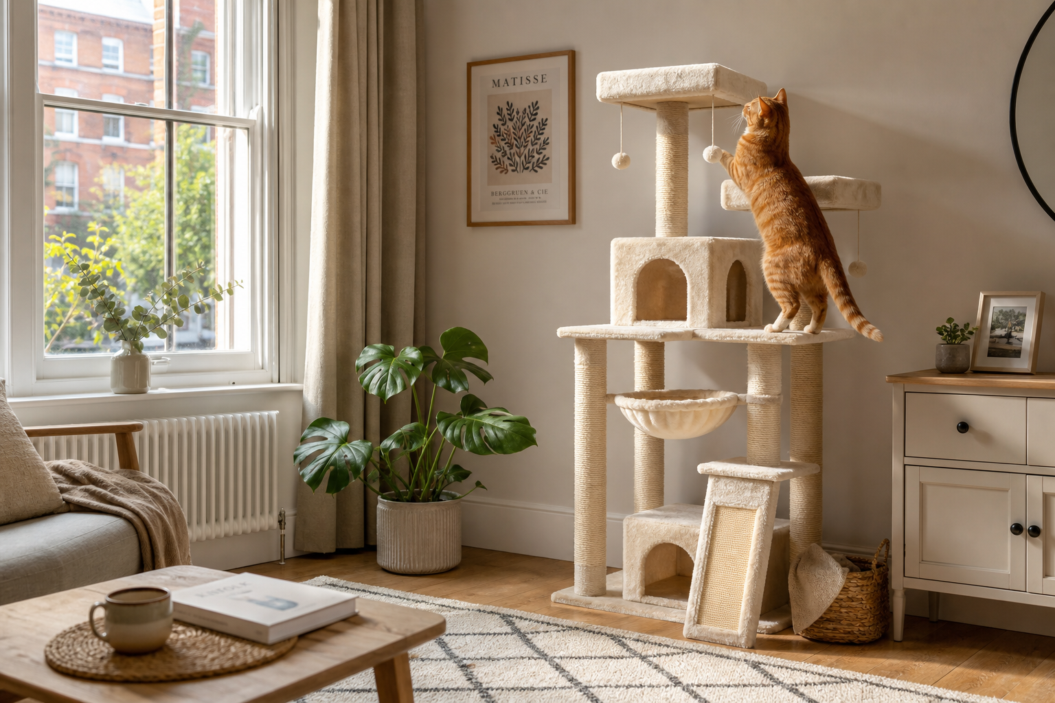 Ginger cat climbing a tall beige cat tree in a bright UK living room corner