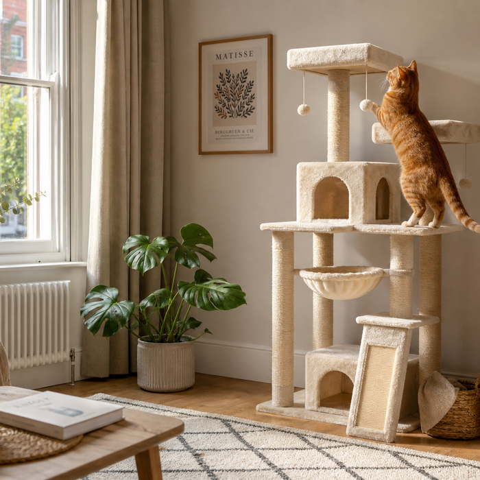 Ginger cat climbing a tall beige cat tree in a bright UK living room corner