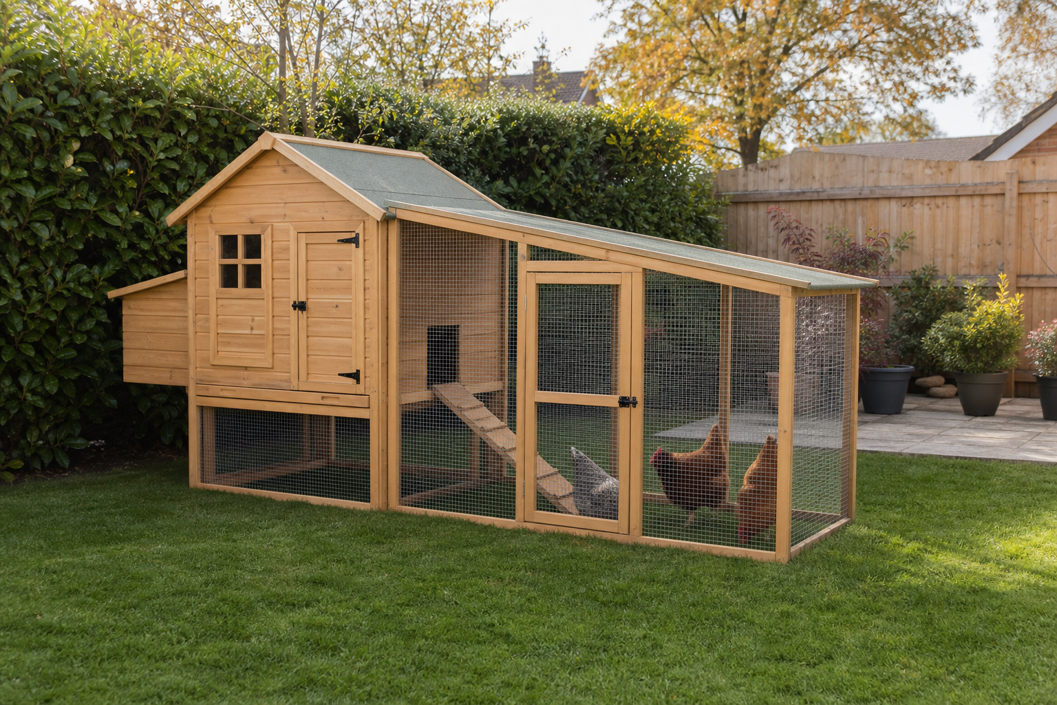 Wooden chicken coop with hens in a tidy UK back garden