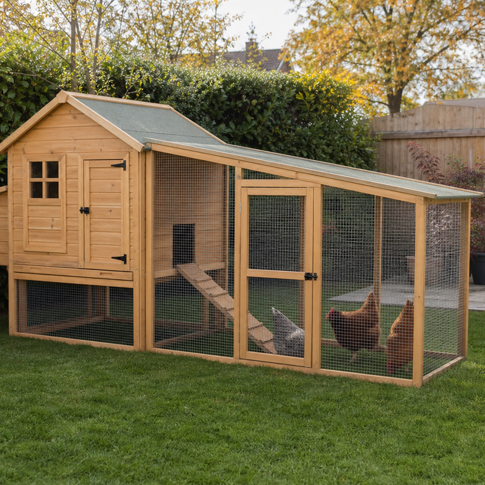 Wooden chicken coop with hens in a tidy UK back garden