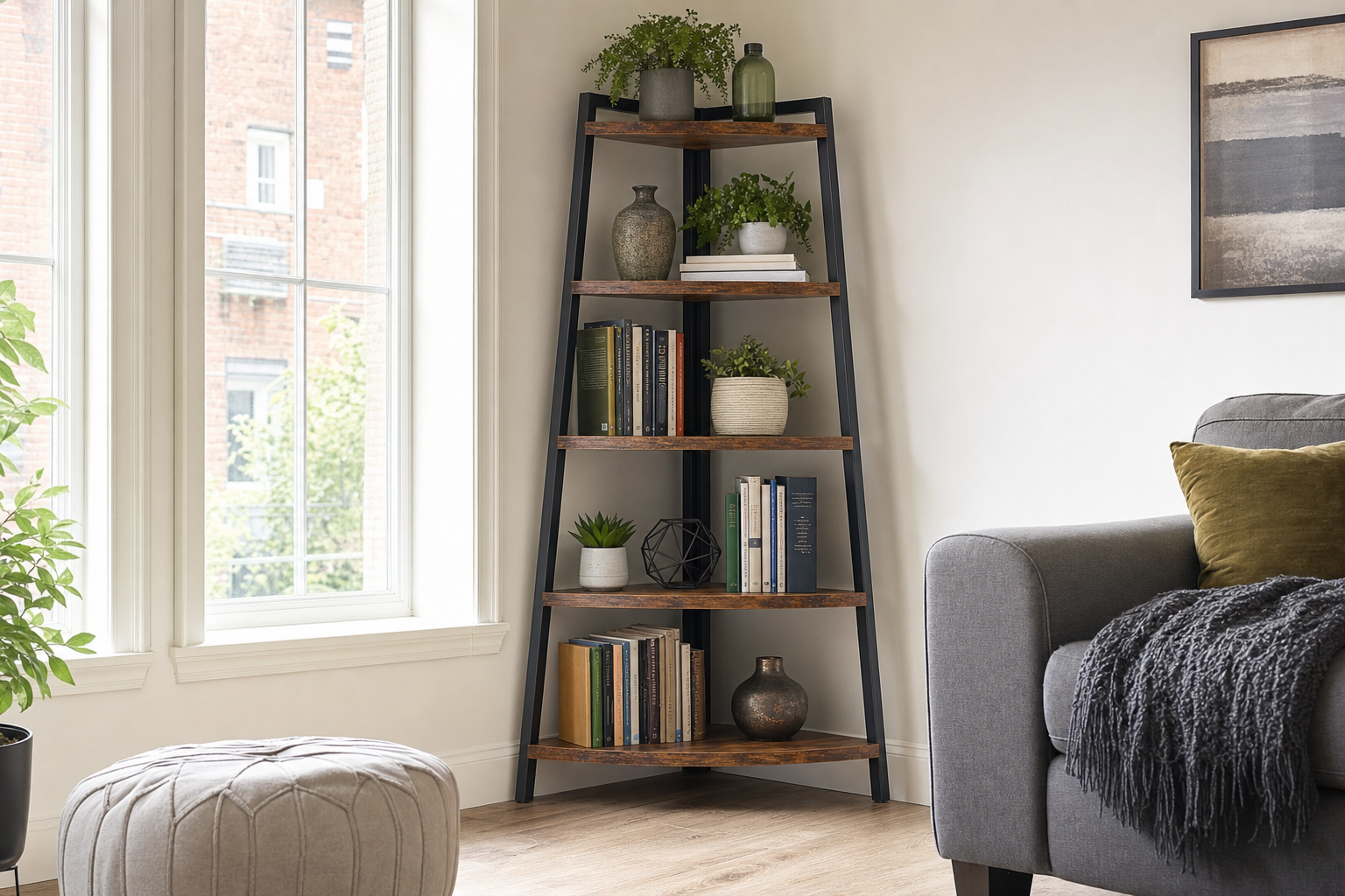 Industrial corner bookcase ladder style with books and plants in a modern British living room corner