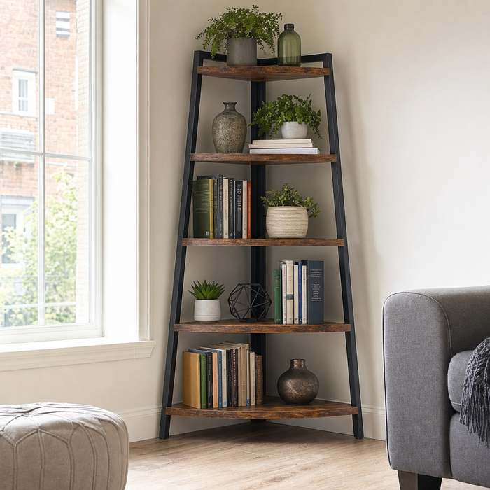 Industrial corner bookcase ladder style with books and plants in a modern British living room corner