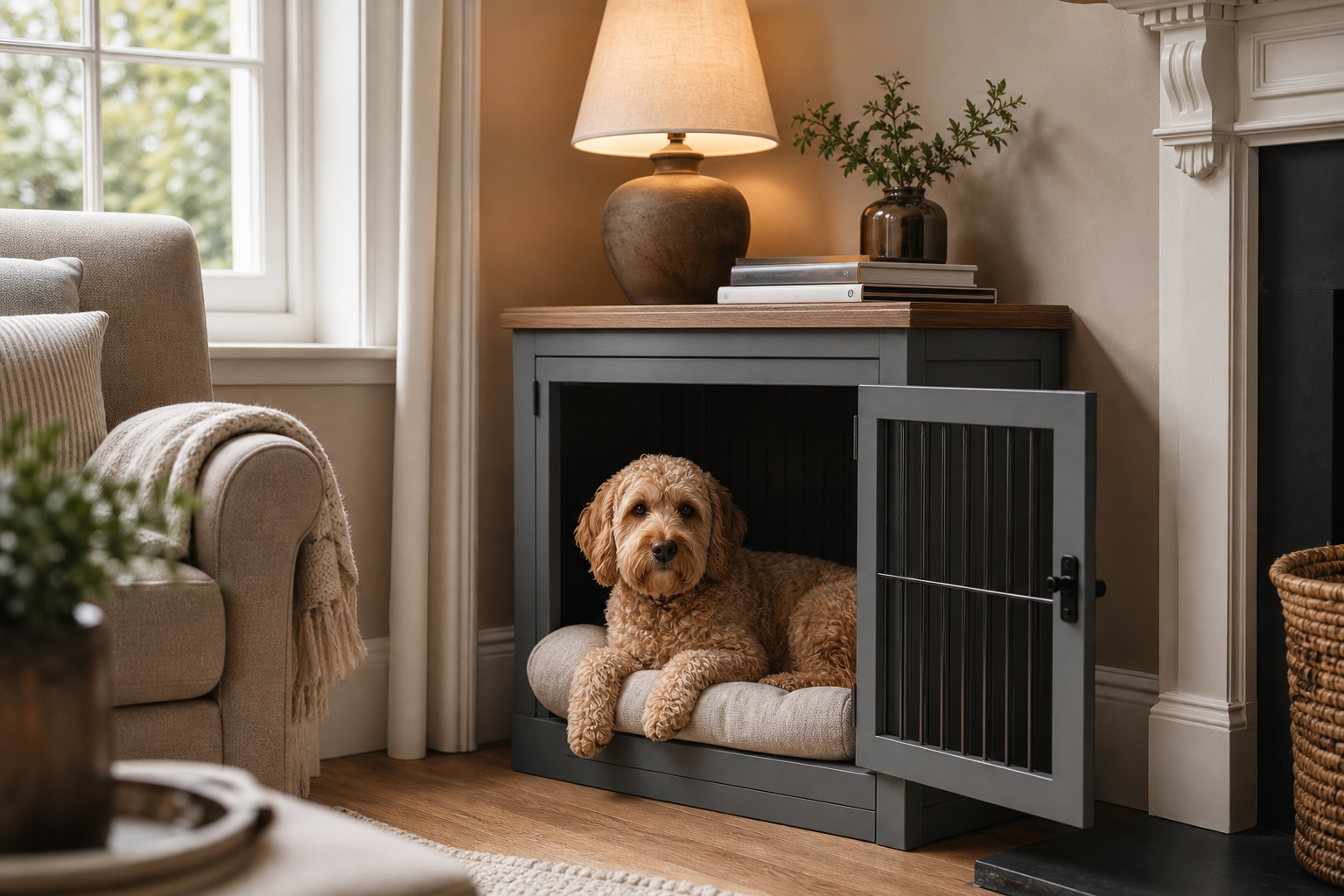 Furniture-style dog crate used as a living room end table in a UK home