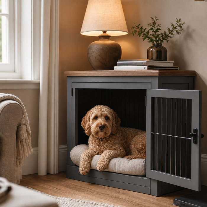 Furniture-style dog crate used as a living room end table in a UK home