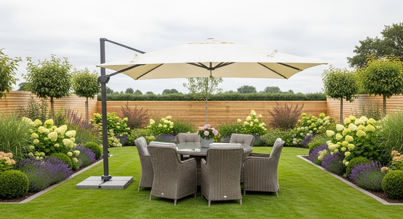 Ivory cantilever garden parasol open over a rattan dining set on a neat British lawn with planting borders