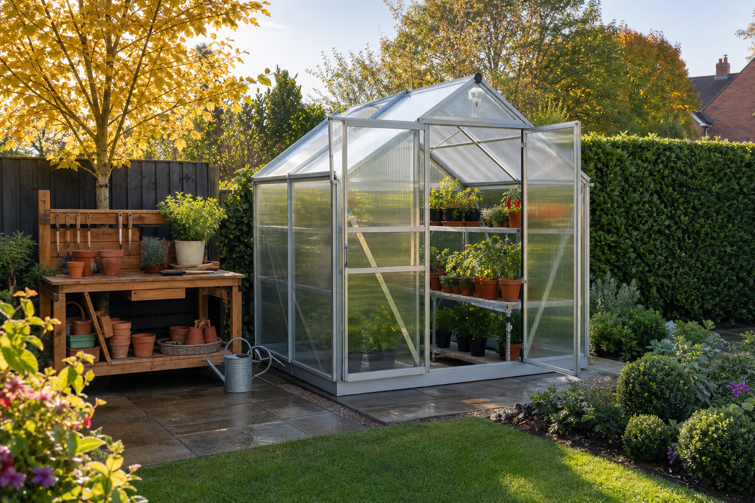 A polycarbonate walk-in greenhouse in a tidy UK back garden, hero image for Opal Retail's best greenhouses UK buying guide