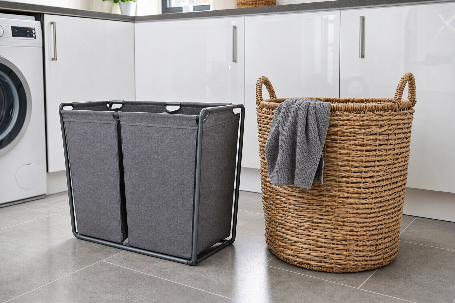 Grey fabric laundry sorter and wicker laundry basket in a modern UK utility room