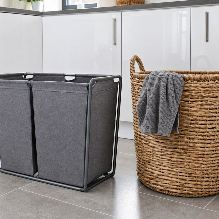 Grey fabric laundry sorter and wicker laundry basket in a modern UK utility room