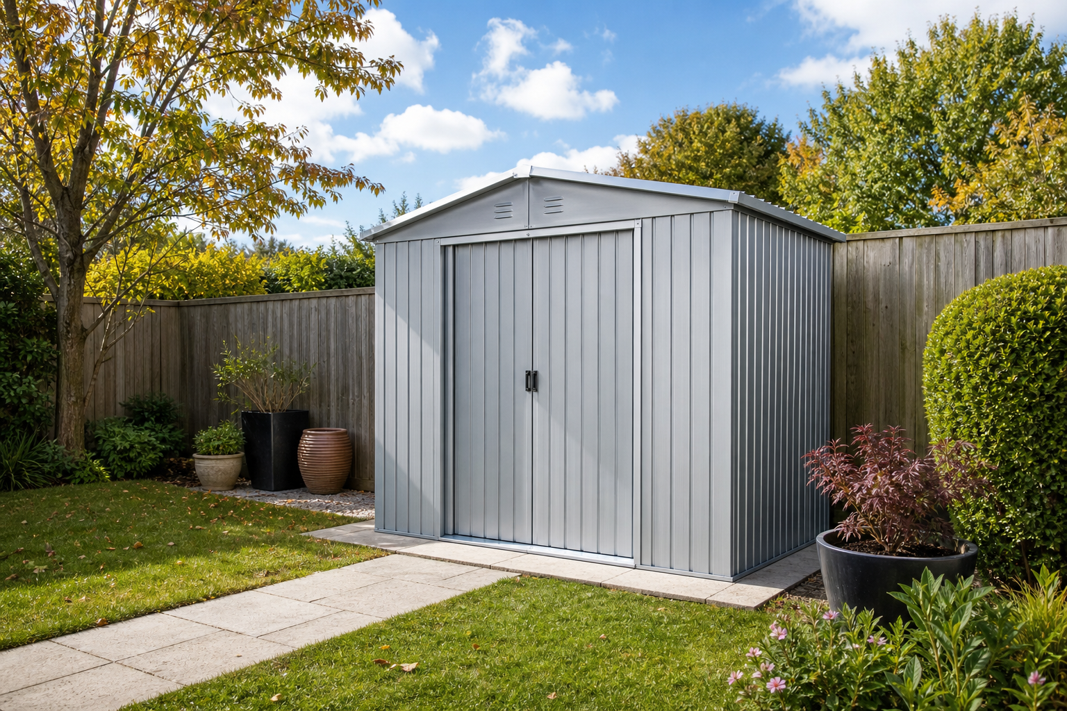 Modern grey metal garden shed with apex roof in a tidy UK back garden on a bright day