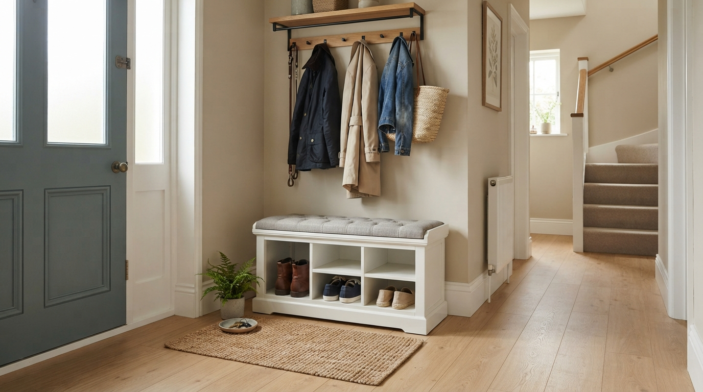 White shoe storage bench with cushion in a tidy British hallway beside a coat rack
