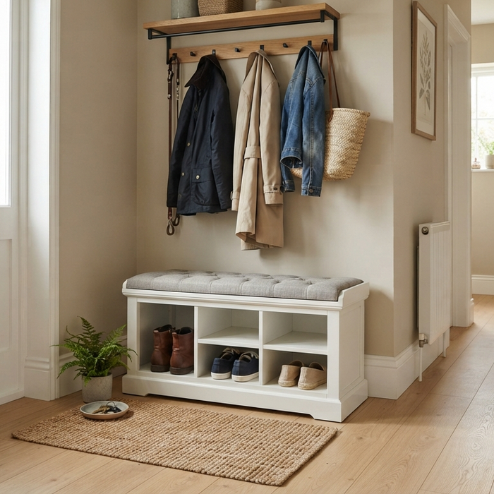 White shoe storage bench with cushion in a tidy British hallway beside a coat rack