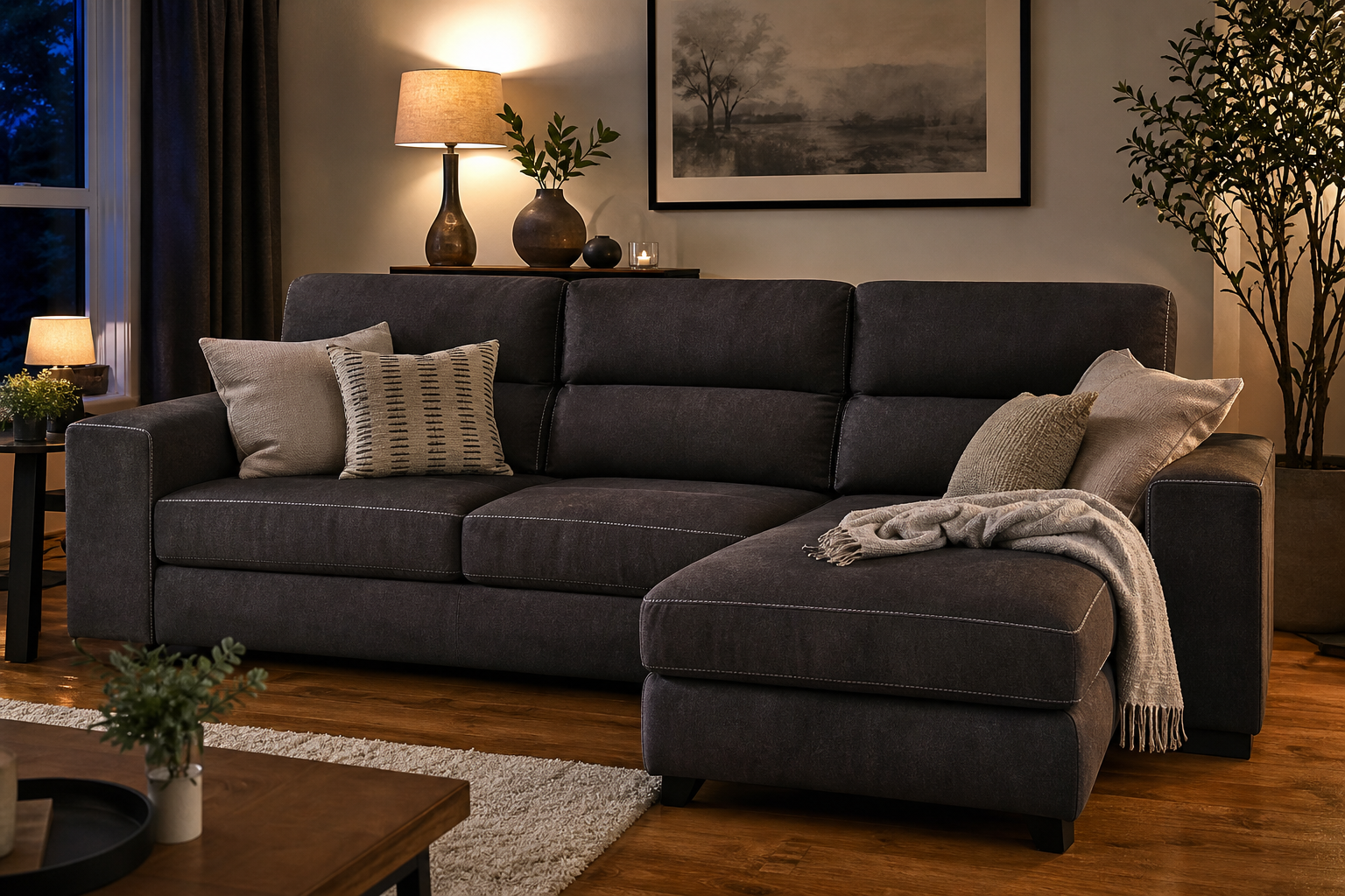 Dark grey corner sofa bed with chaise lounge in a cosy UK living room