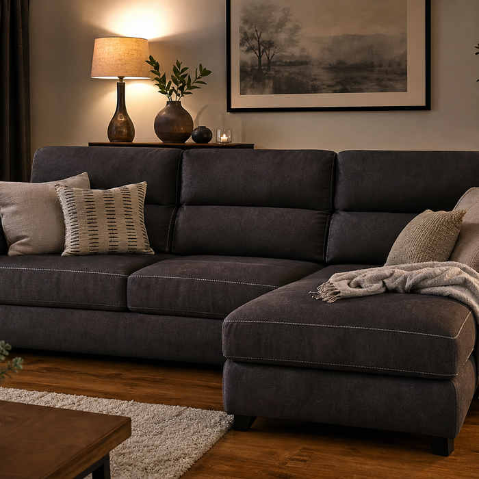 Dark grey corner sofa bed with chaise lounge in a cosy UK living room