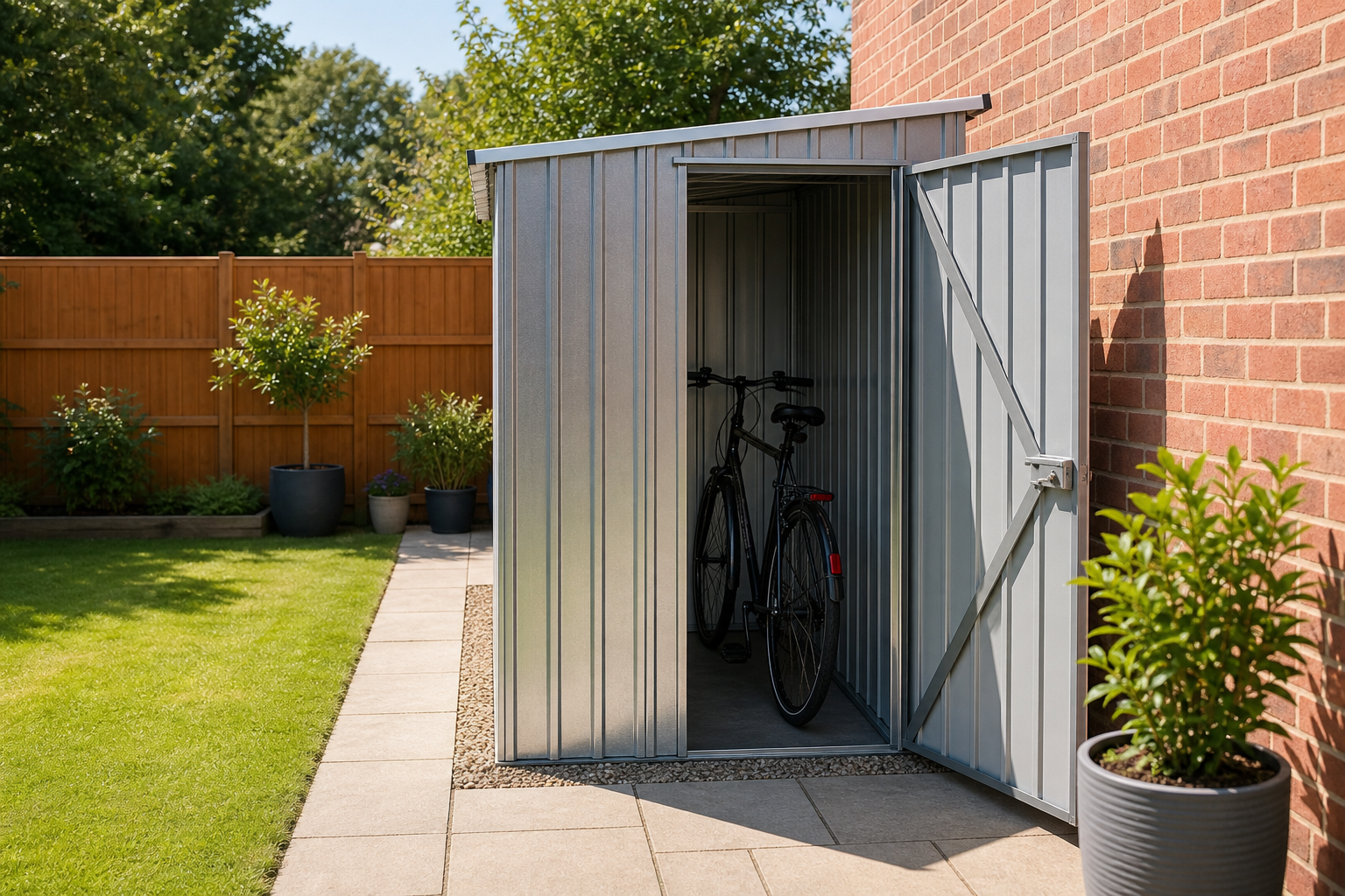 Grey metal lean-to garden shed against a brick wall with a bicycle parked inside, in a tidy UK back garden