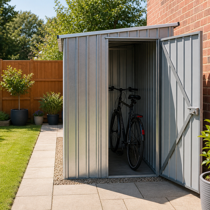 Grey metal lean-to garden shed against a brick wall with a bicycle parked inside, in a tidy UK back garden