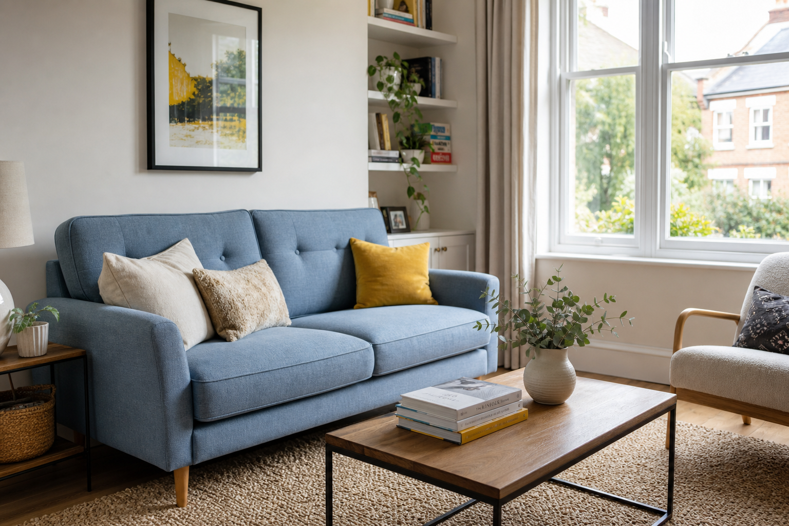 Bright UK living room styled with a light blue two-seater sofa as part of the 2026 blue colour trend