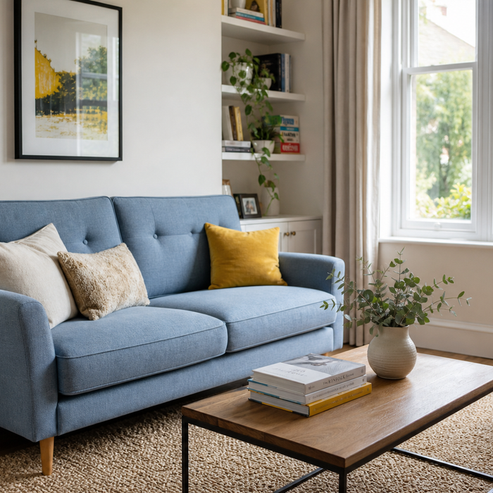 Bright UK living room styled with a light blue two-seater sofa as part of the 2026 blue colour trend