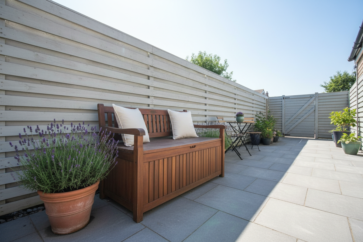 Wooden outdoor storage bench with neutral cushions on top, beside a terracotta pot of lavender, on a bright sunny UK patio with grey paving and a light grey fence.