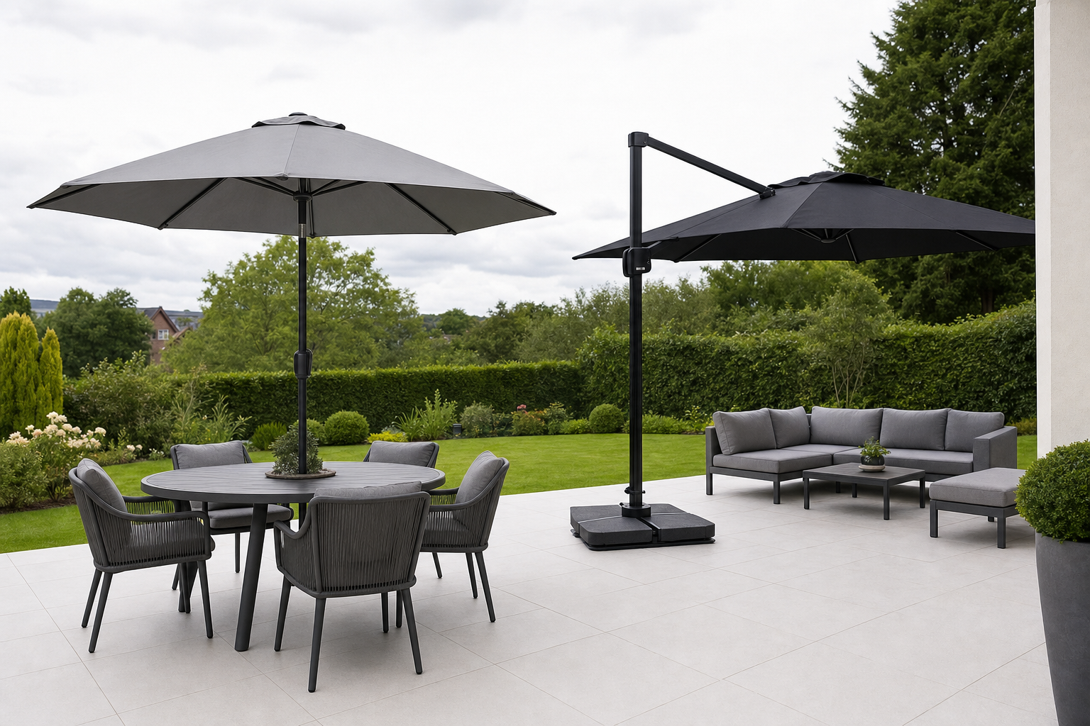 Grey centre pole parasol over a dining table and black cantilever parasol over a garden sofa side by side on a patio