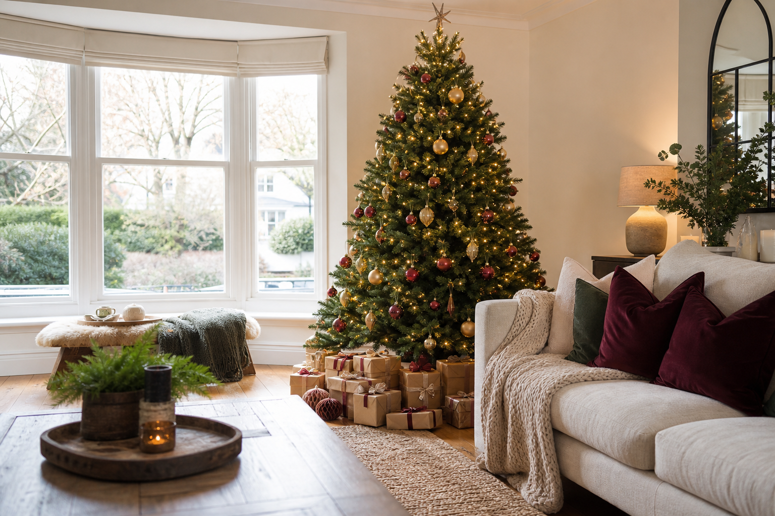 Bright UK living room with a dressed Christmas tree and cosy festive styling