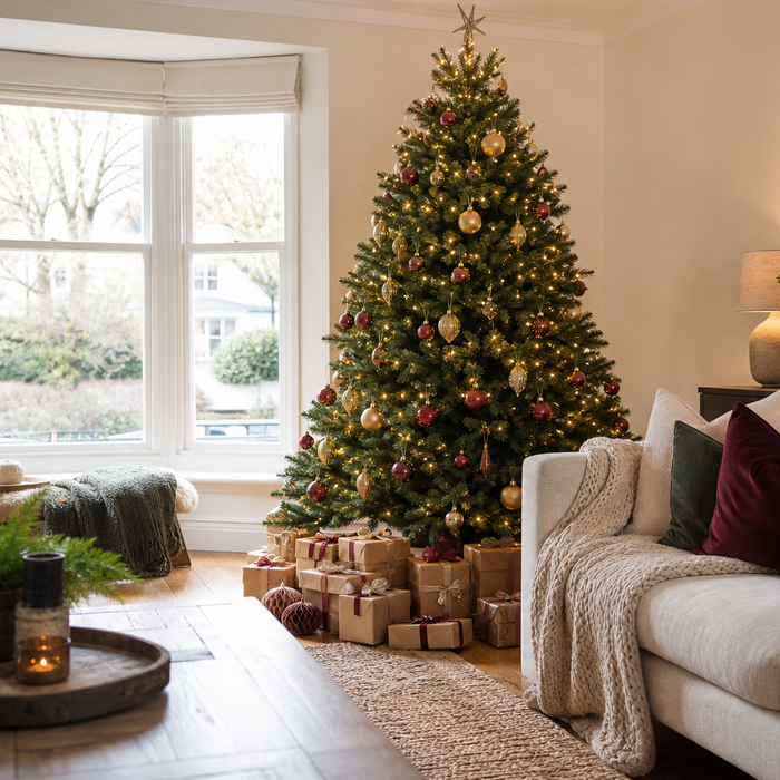 Bright UK living room with a dressed Christmas tree and cosy festive styling