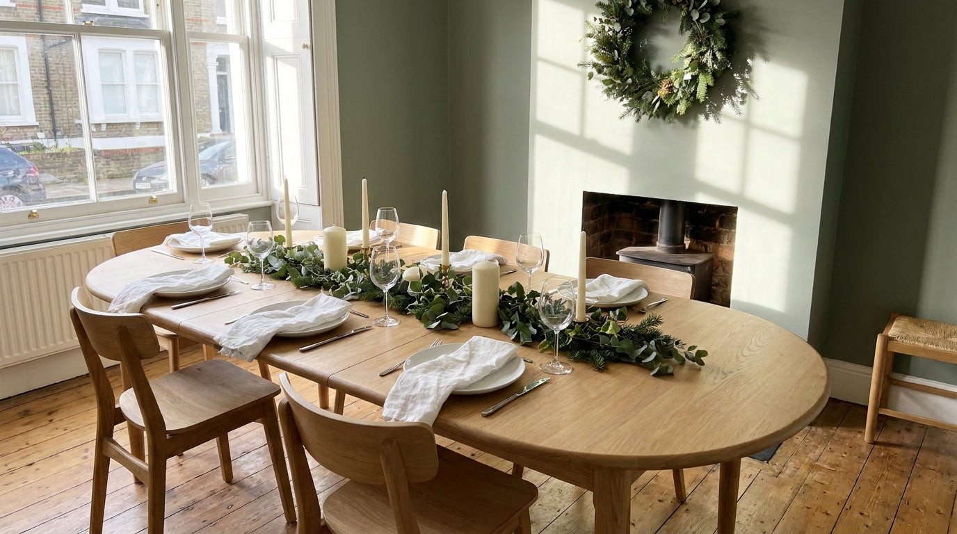 Small UK dining room with an extended table laid for Christmas dinner with candles and greenery