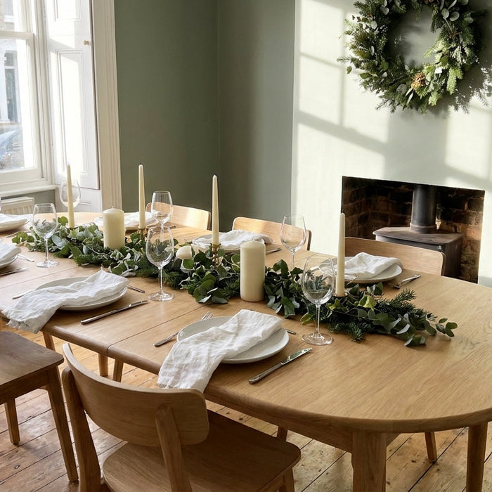 Small UK dining room with an extended table laid for Christmas dinner with candles and greenery