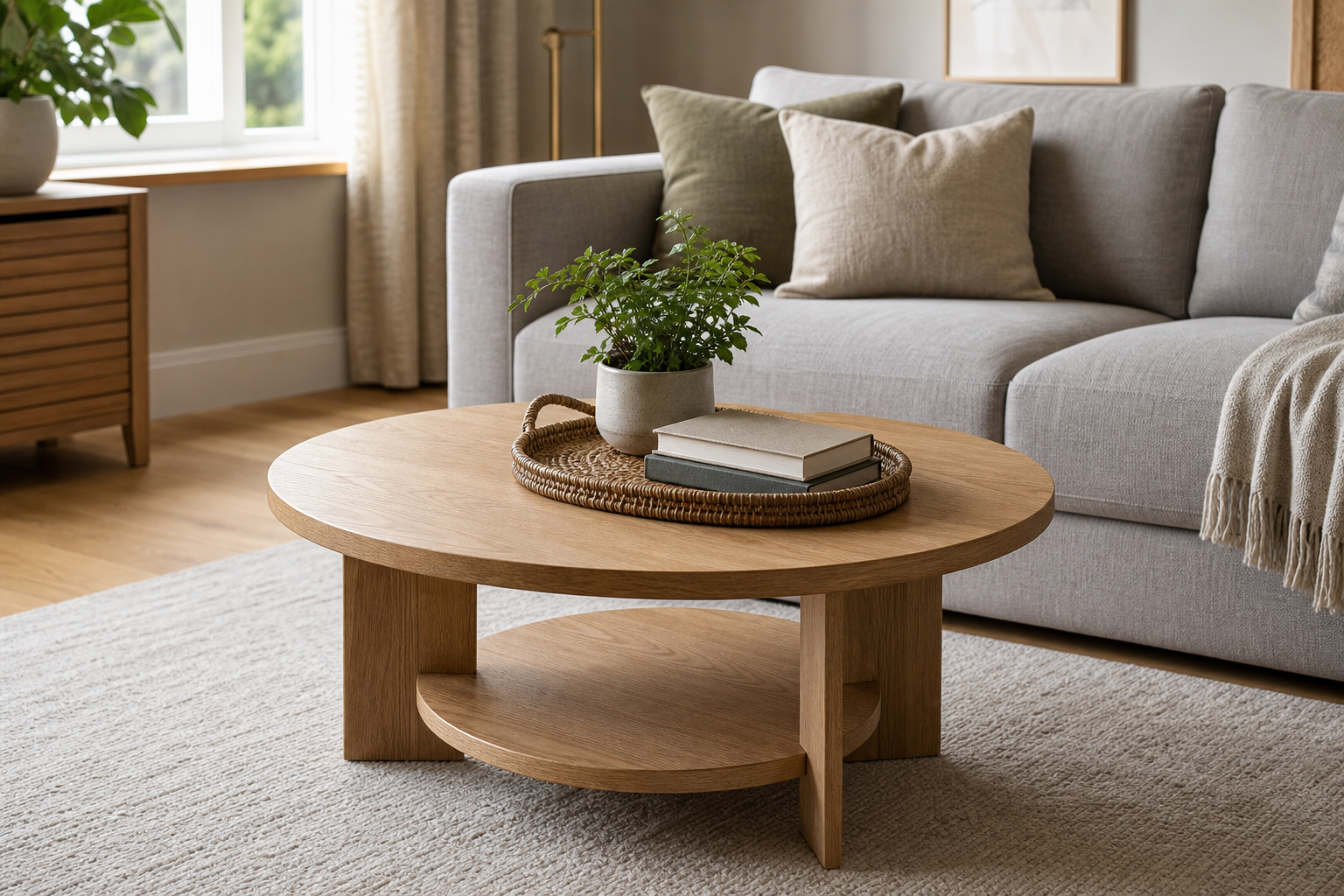 The complete coffee table buying guide: round wood coffee table with shelf in a UK living room