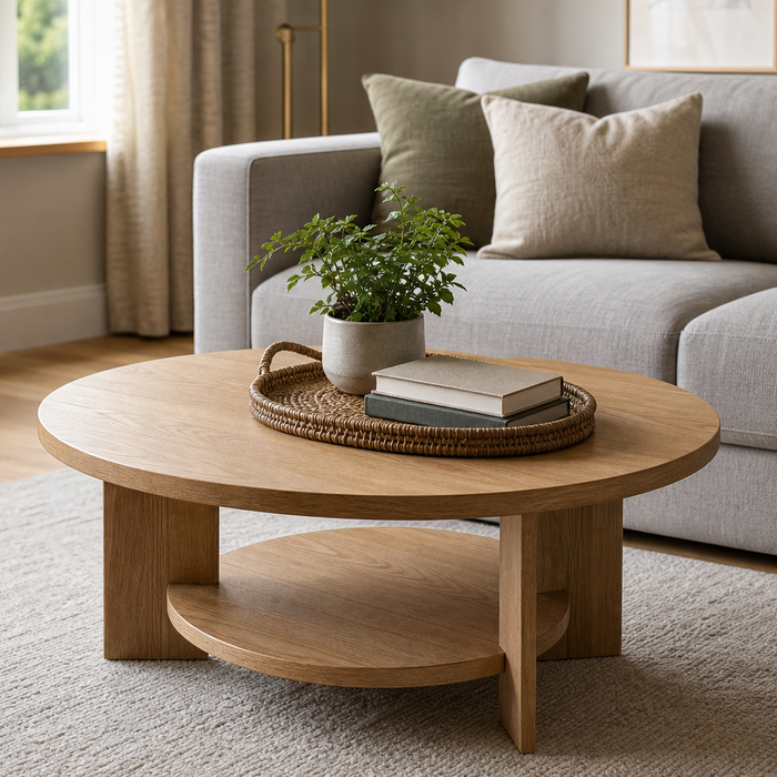 The complete coffee table buying guide: round wood coffee table with shelf in a UK living room