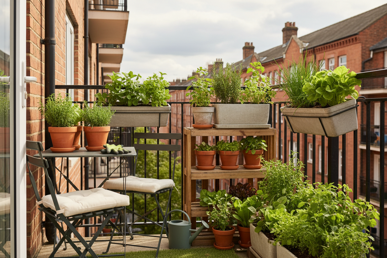 Compact UK balcony kitchen garden with herb pots on tiered shelving, railing planters and a small folding bistro set in the corner