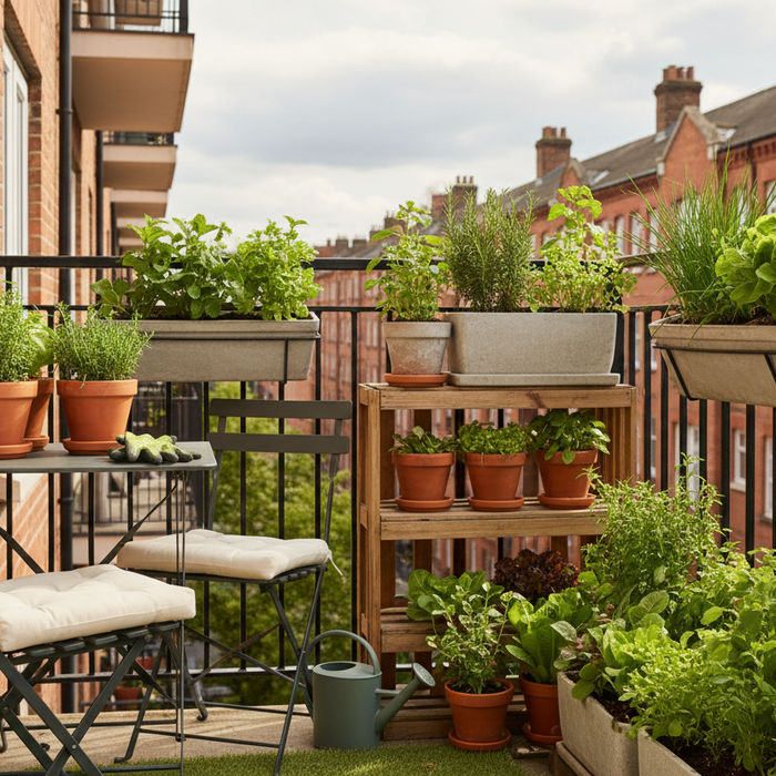 Compact UK balcony kitchen garden with herb pots on tiered shelving, railing planters and a small folding bistro set in the corner