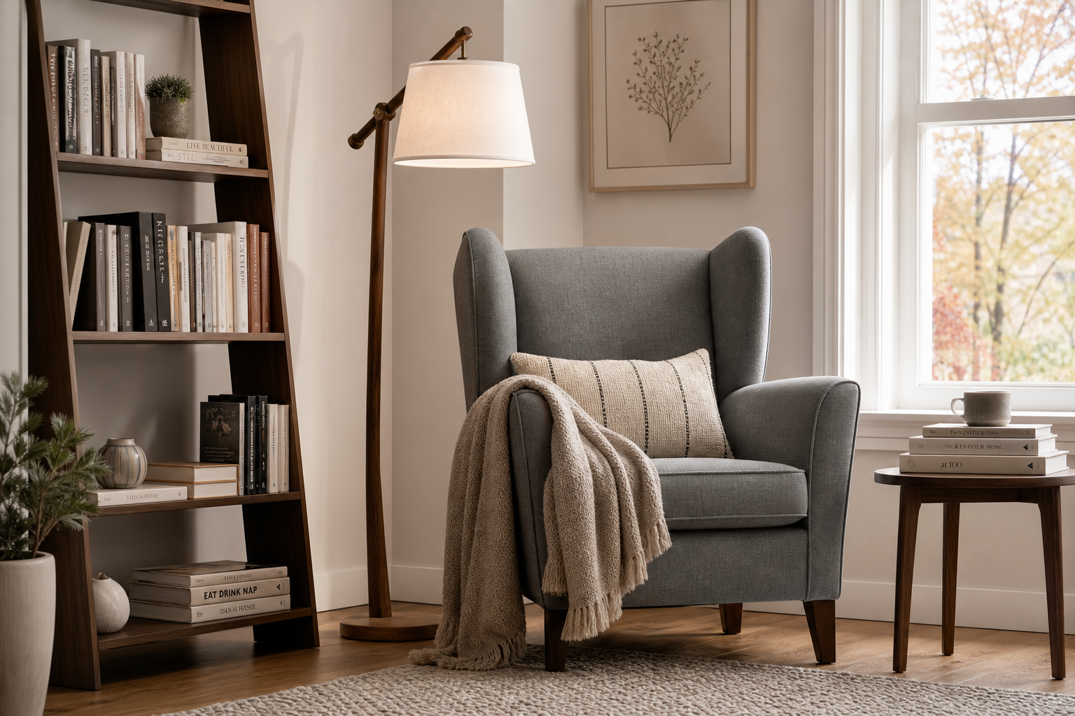 Bright UK living room corner styled as a cosy autumn reading nook with a wingback-style armchair, floor lamp and small bookcase
