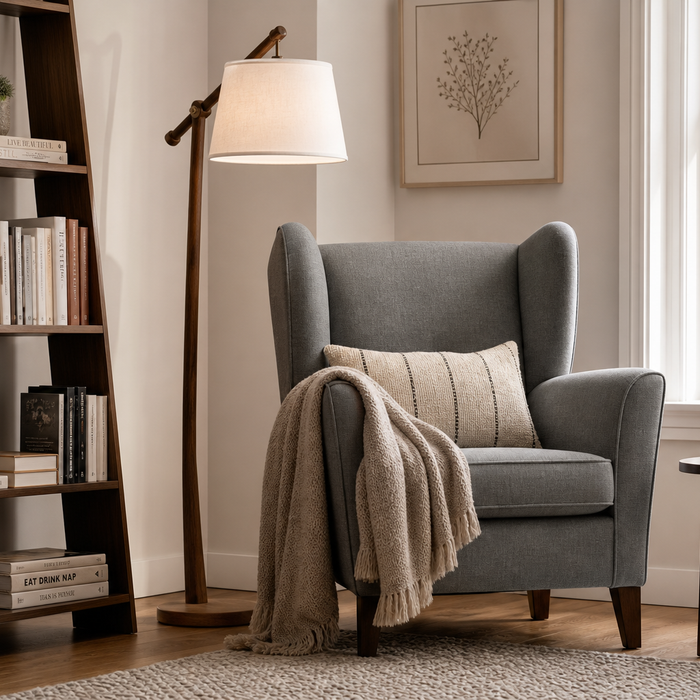 Bright UK living room corner styled as a cosy autumn reading nook with a wingback-style armchair, floor lamp and small bookcase