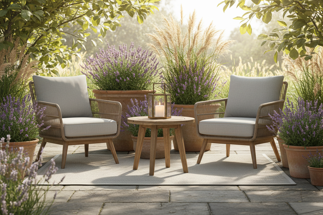 Cosy UK patio nook with a small round outdoor table, two rattan chairs with grey cushions, a soft outdoor rug, terracotta pots with lavender and a lantern on the table