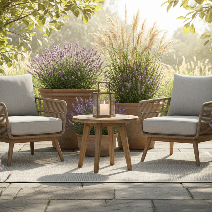 Cosy UK patio nook with a small round outdoor table, two rattan chairs with grey cushions, a soft outdoor rug, terracotta pots with lavender and a lantern on the table