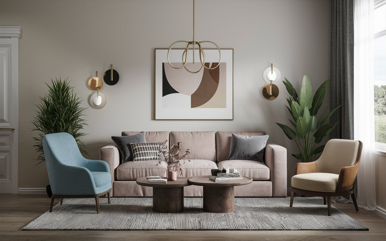 Living room styled with a pink sofa, blue and cream accent chairs, and layered round coffee tables