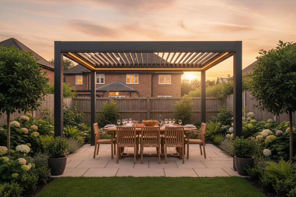 Dark grey aluminium louvred roof pergola on a stone patio at golden hour, with teak dining furniture and warm LED lighting — Opal Retail UK pergola kits