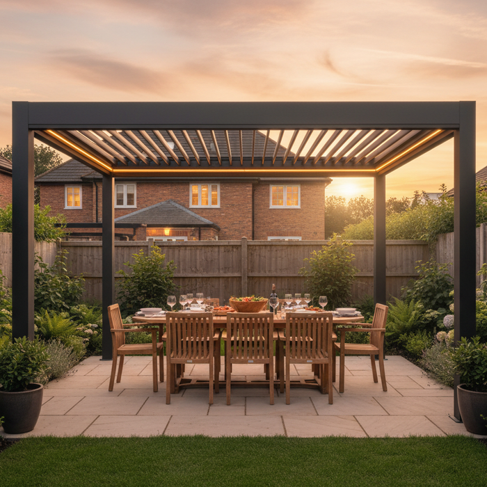 Dark grey aluminium louvred roof pergola on a stone patio at golden hour, with teak dining furniture and warm LED lighting — Opal Retail UK pergola kits