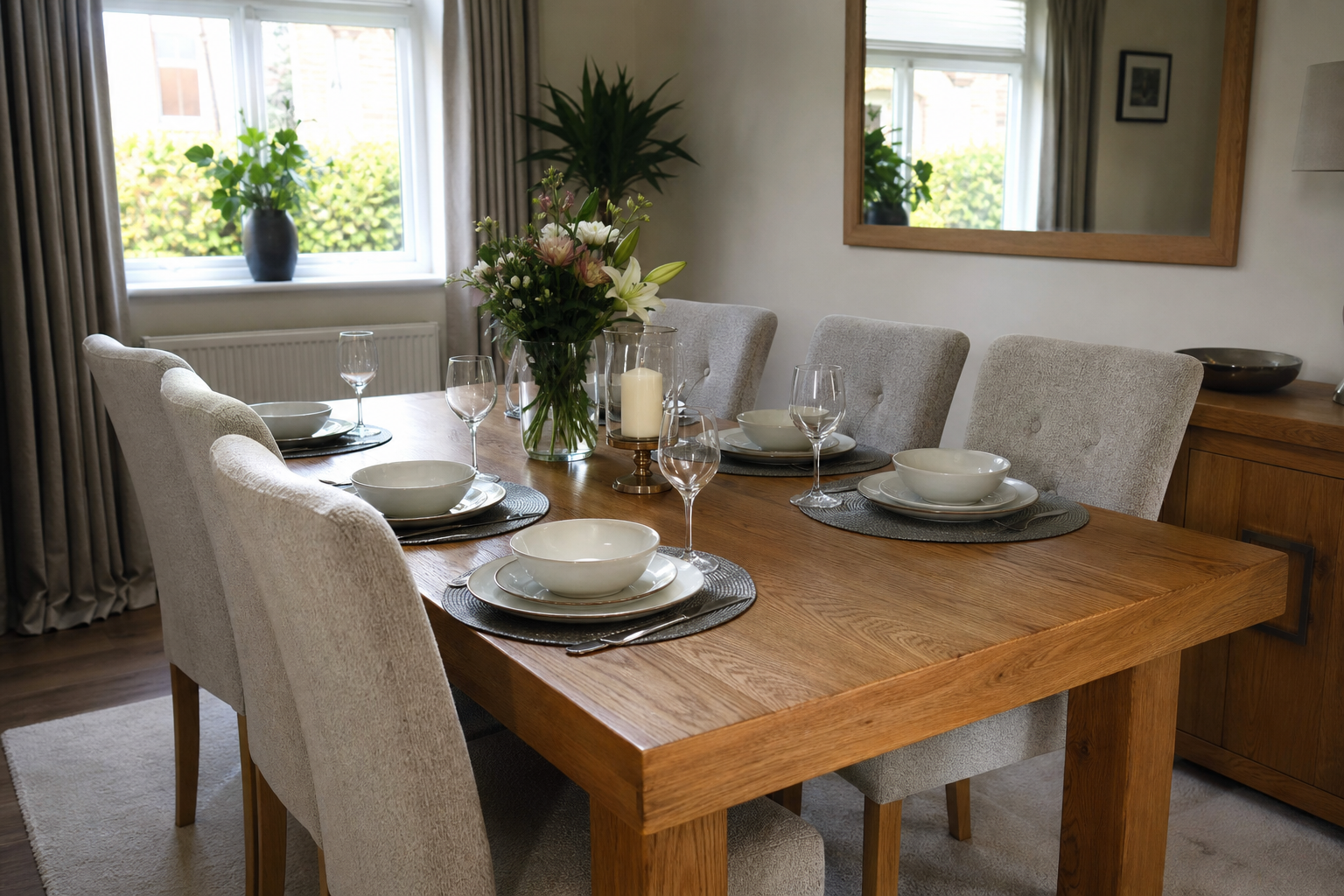 Bright UK dining room with a wooden dining table set for six and matching upholstered chairs