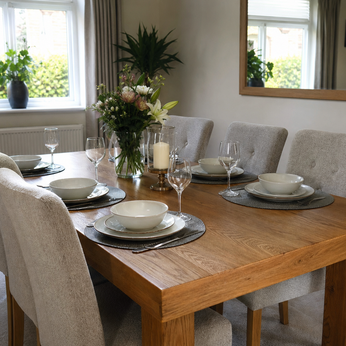 Bright UK dining room with a wooden dining table set for six and matching upholstered chairs