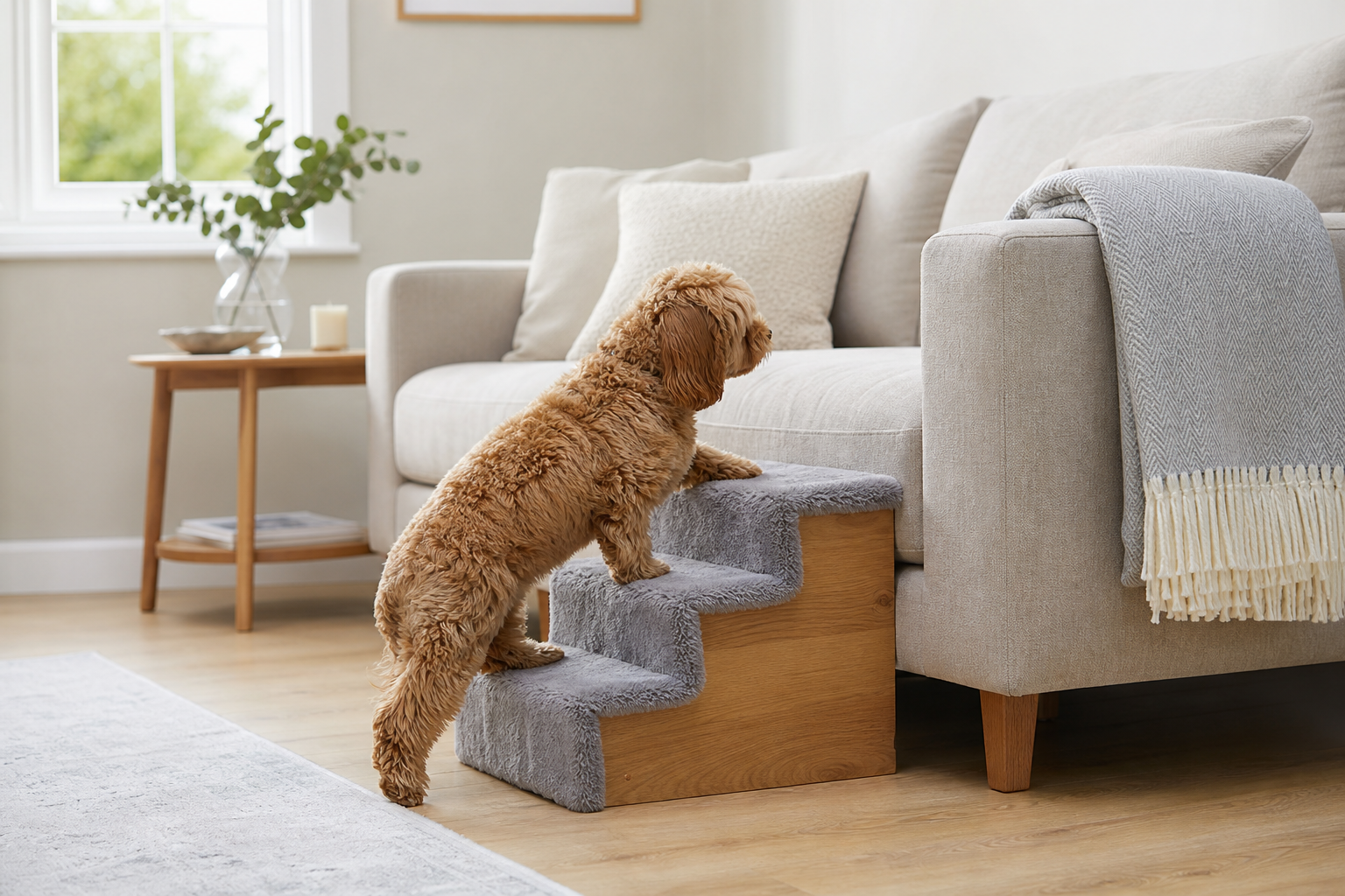 Small dog using wooden pet stairs to climb onto a sofa in a bright UK living room